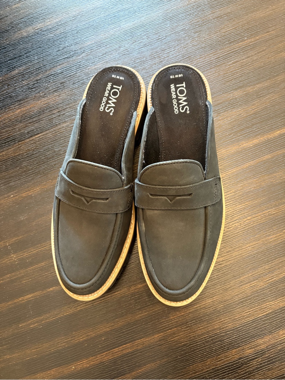 Toms Black Penny Strap Mule with Tan Trim